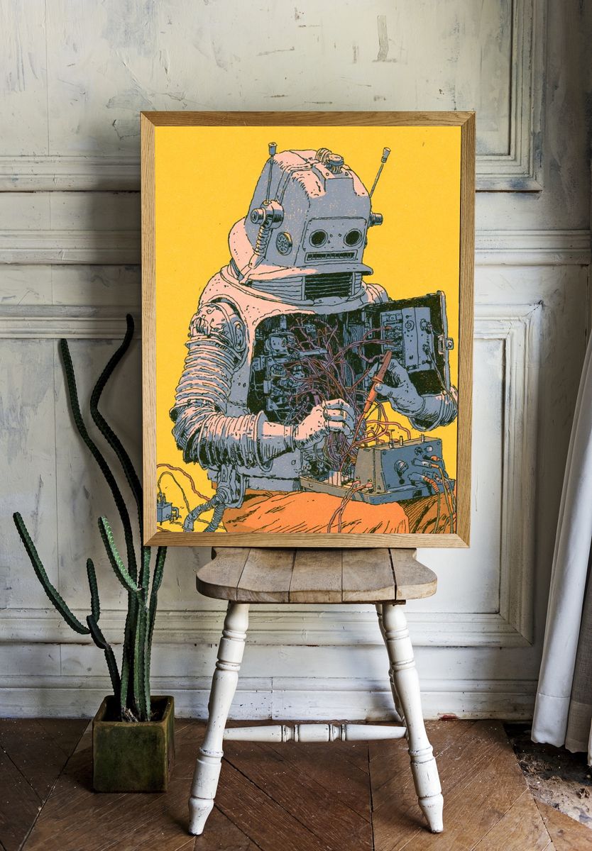 Retro Robot Repair Illustration Poster. — room view 1