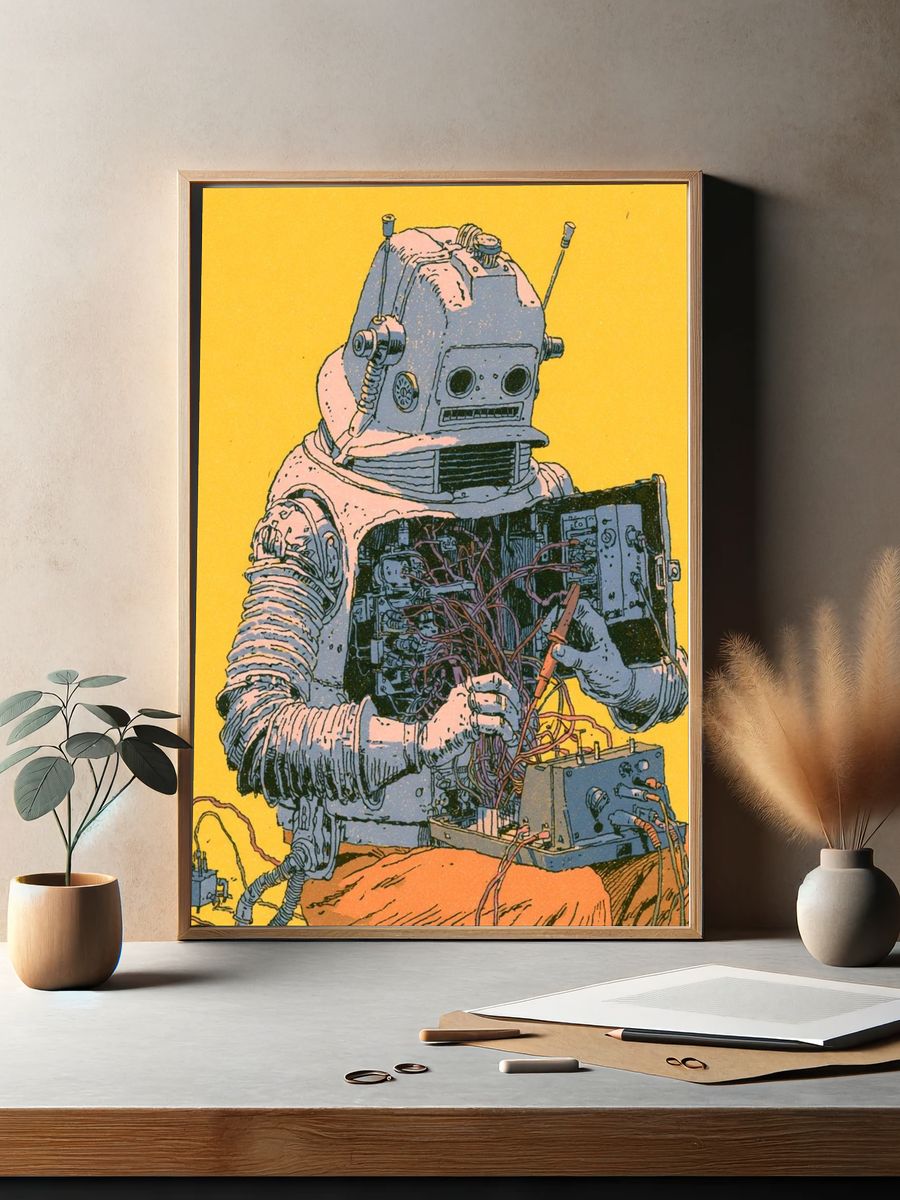 Retro Robot Repair Illustration Poster. — room view 2