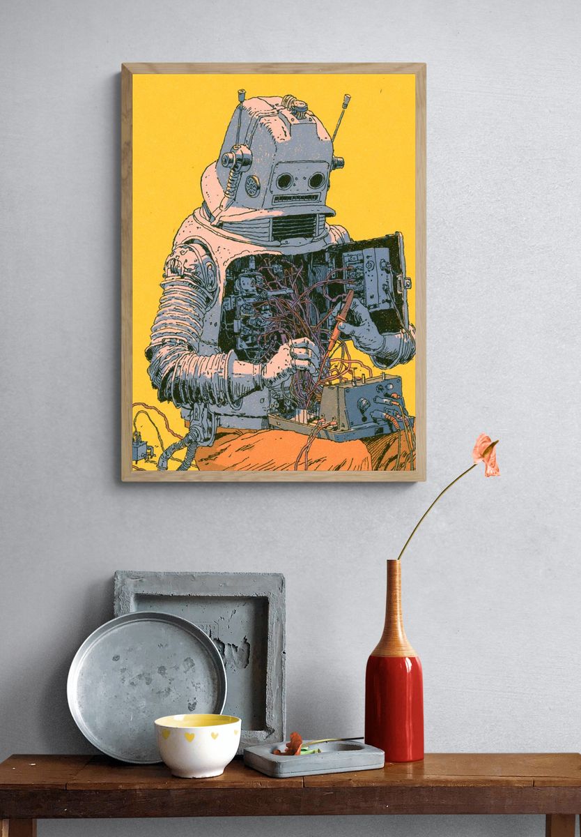 Retro Robot Repair Illustration Poster. — room view 3