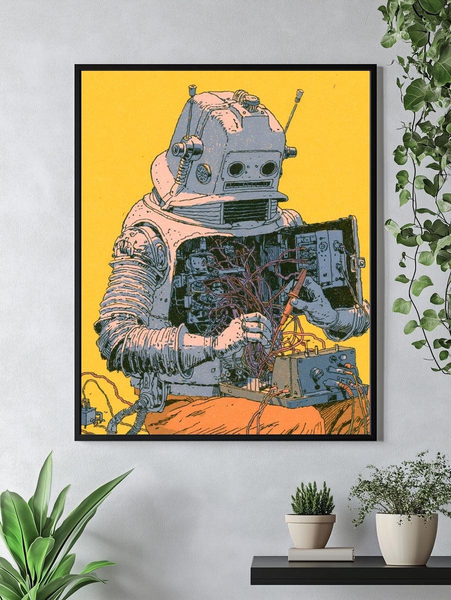 Retro Robot Repair Illustration Poster. — room view 4