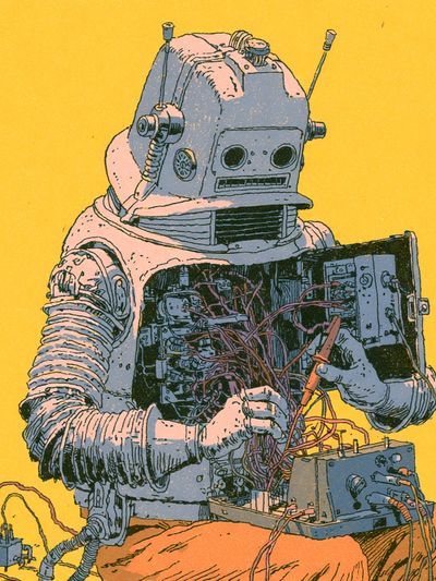 Retro Robot Repair Illustration Poster. poster