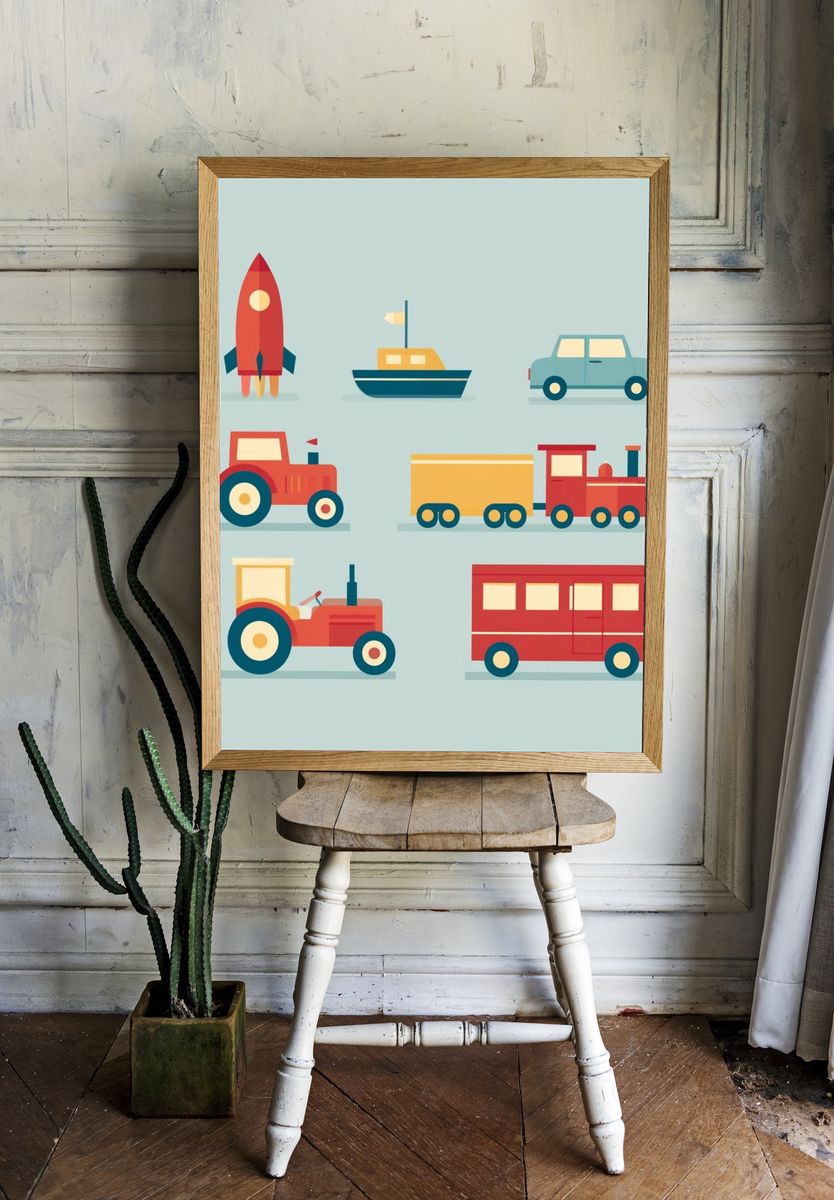 Retro Vehicles Illustration Poster. — room view 1