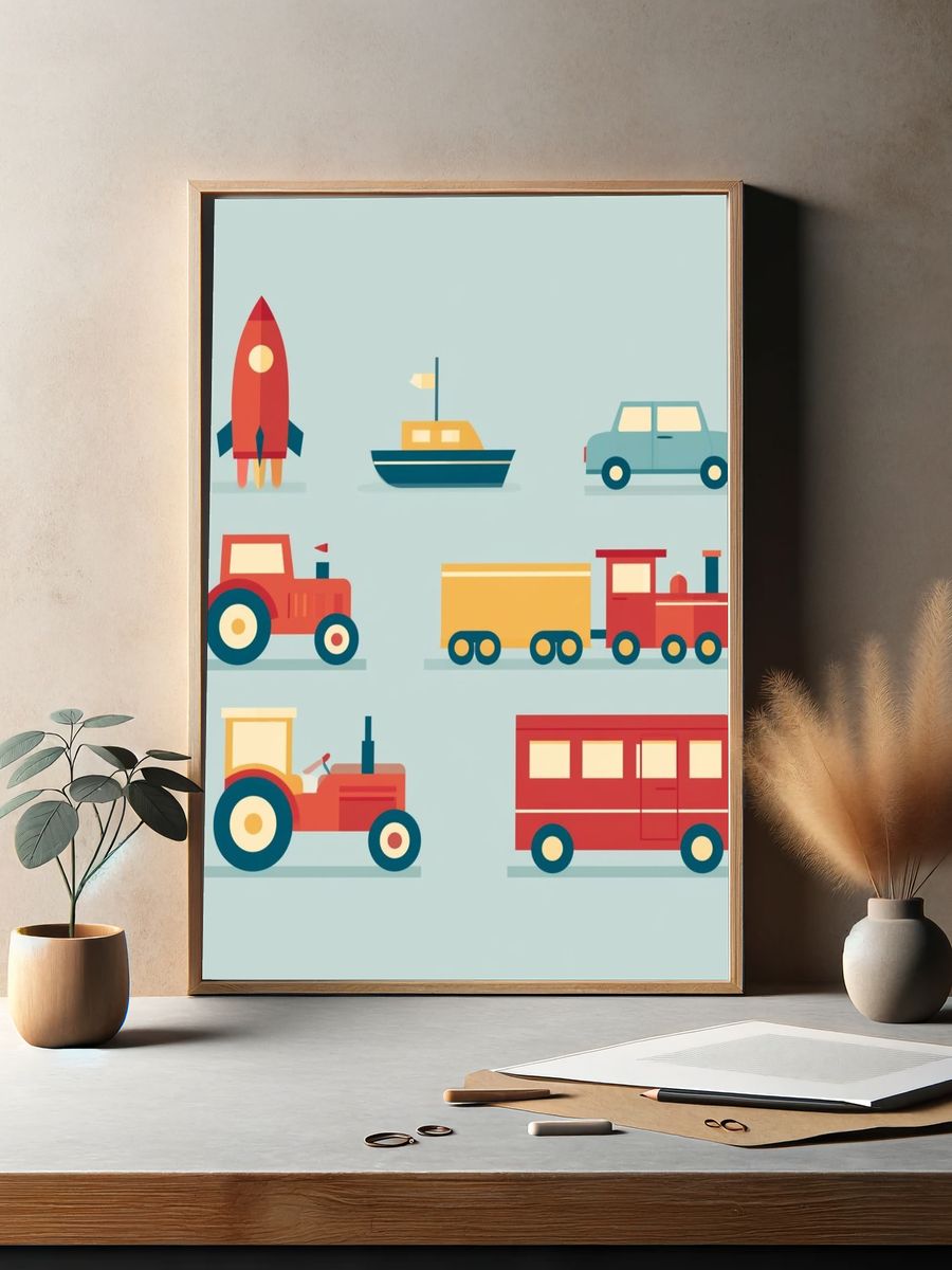 Retro Vehicles Illustration Poster. — room view 2