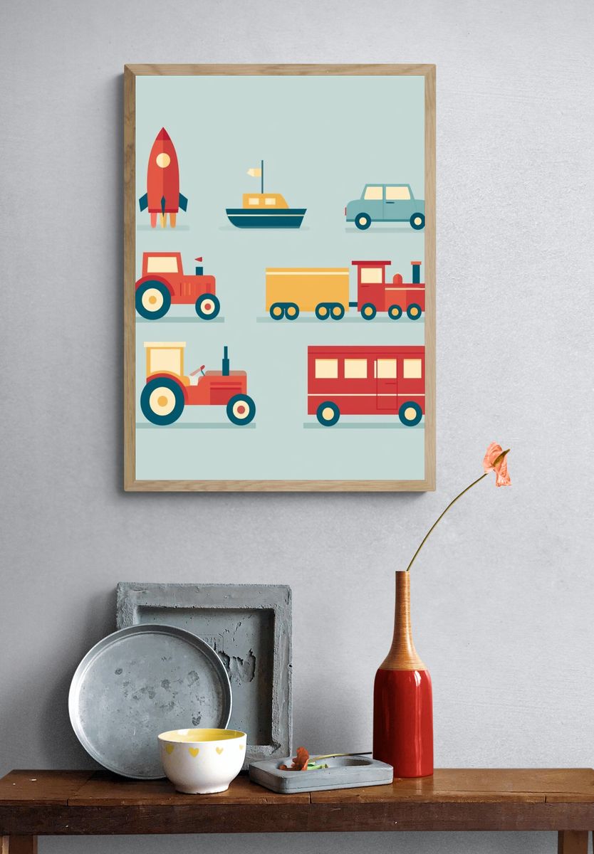 Retro Vehicles Illustration Poster. — room view 3