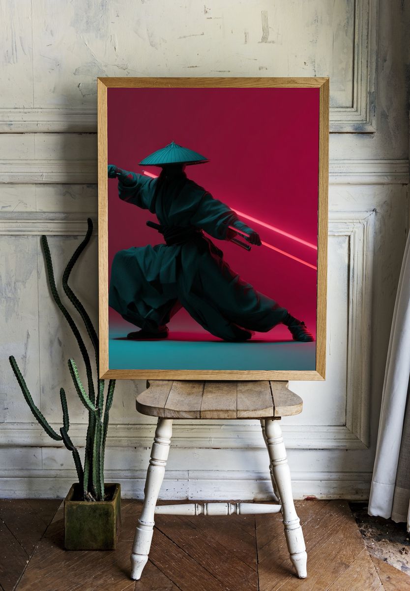 Neon Samurai Digital Art Poster. — room view 1