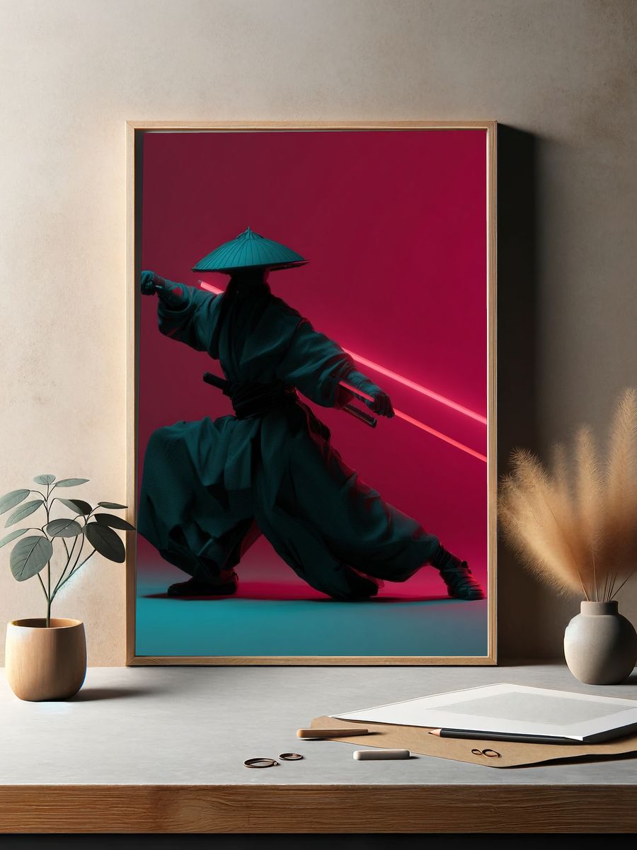 Neon Samurai Digital Art Poster. — room view 2