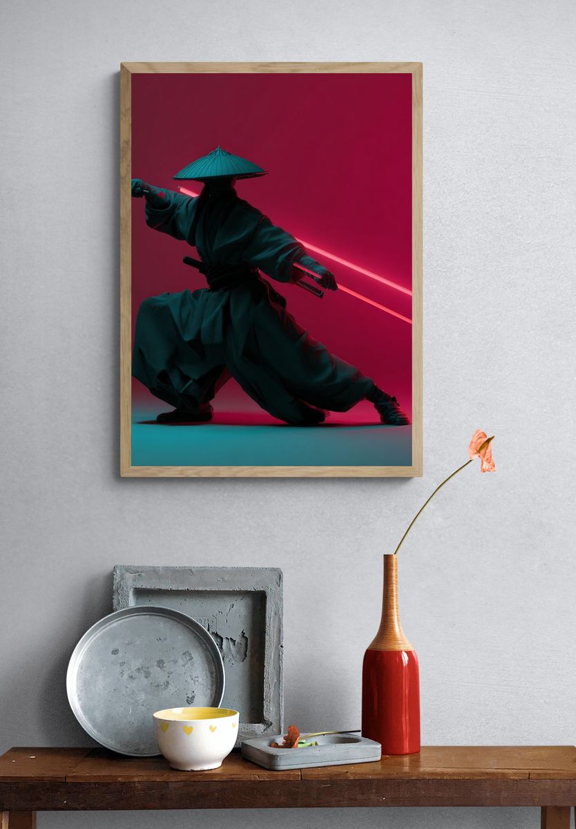 Neon Samurai Digital Art Poster. — room view 3