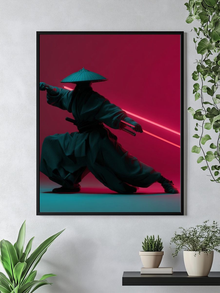 Neon Samurai Digital Art Poster. — room view 4
