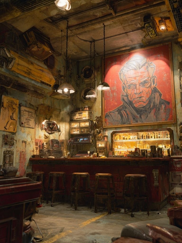 Industrial Bar Interior Illustration Poster. poster detail