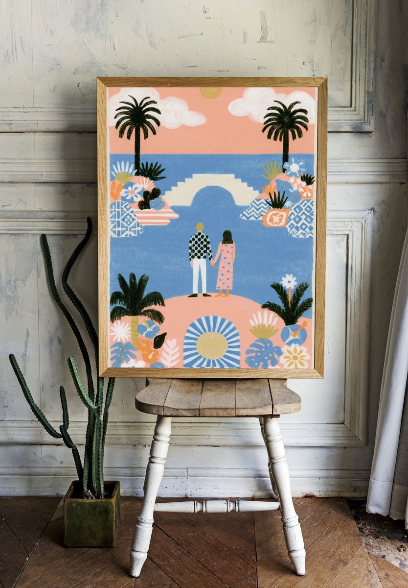 Sunset Lovers Coastal Illustration Poster. — room view 1