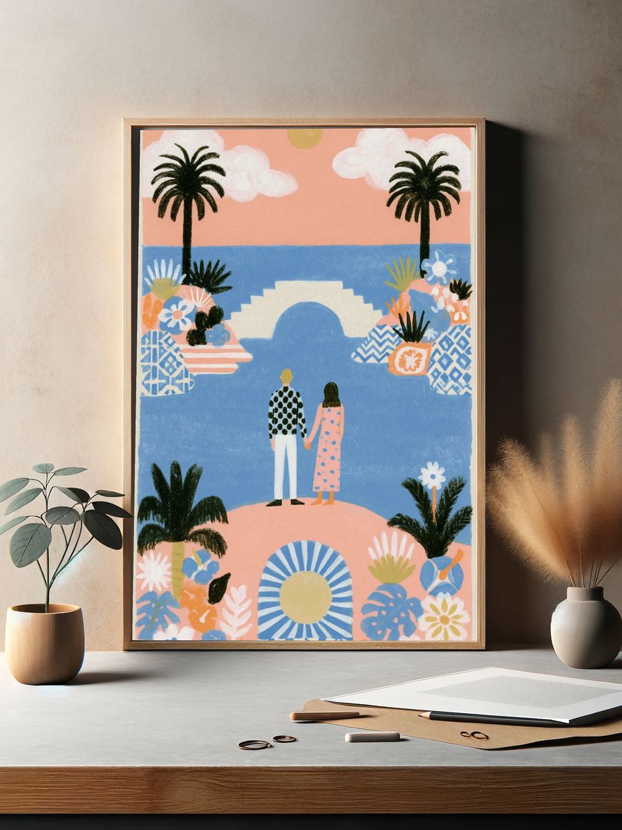 Sunset Lovers Coastal Illustration Poster. — room view 2
