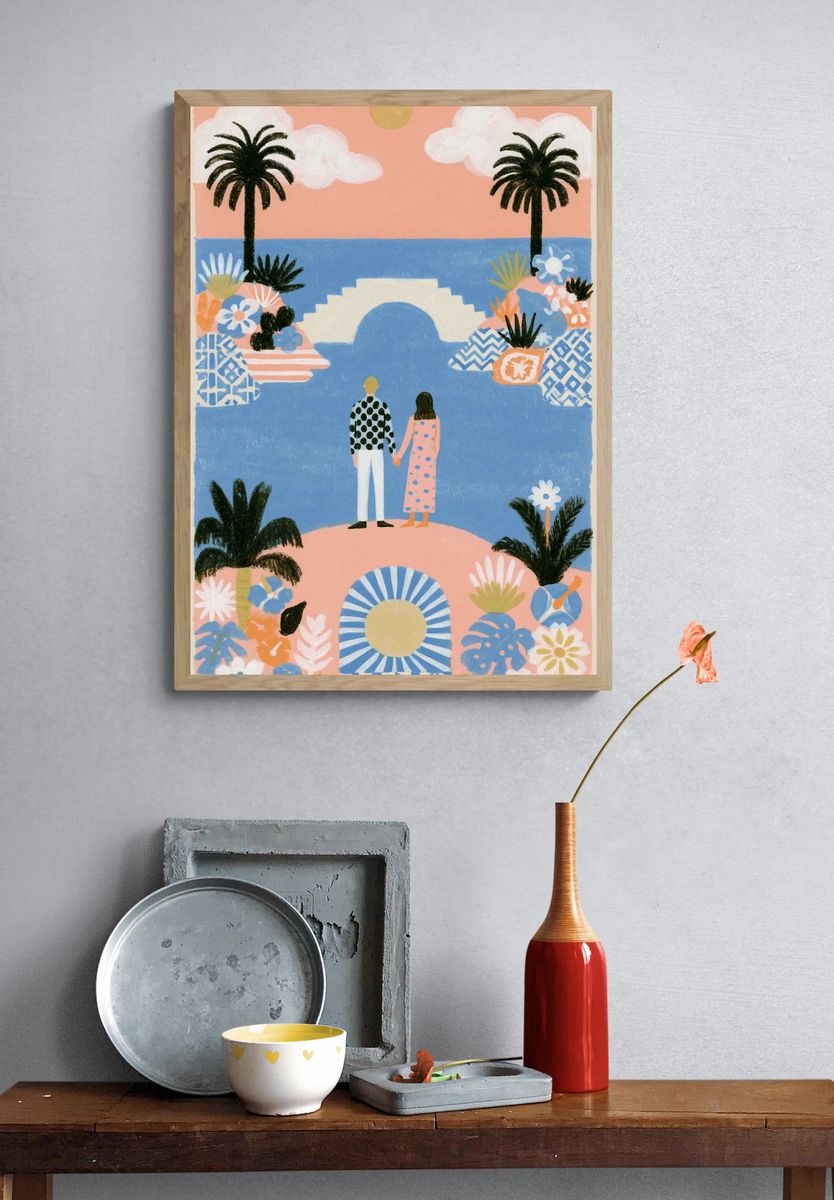 Sunset Lovers Coastal Illustration Poster. — room view 3