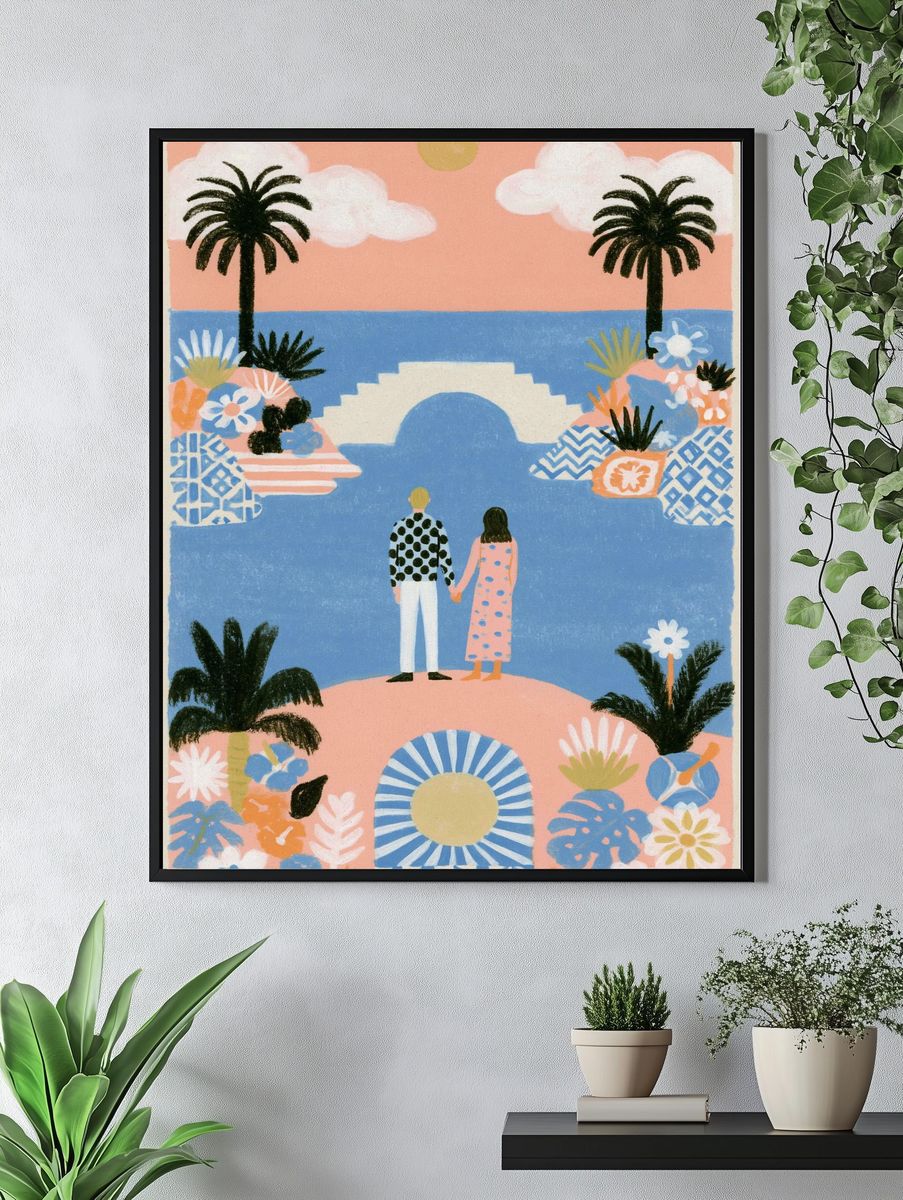 Sunset Lovers Coastal Illustration Poster. — room view 4