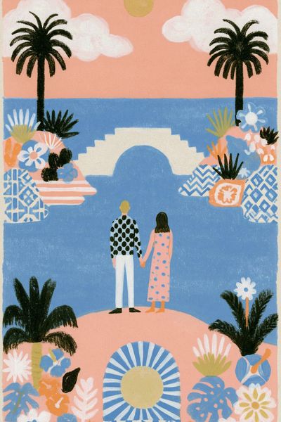 Sunset Lovers Coastal Illustration Poster. poster