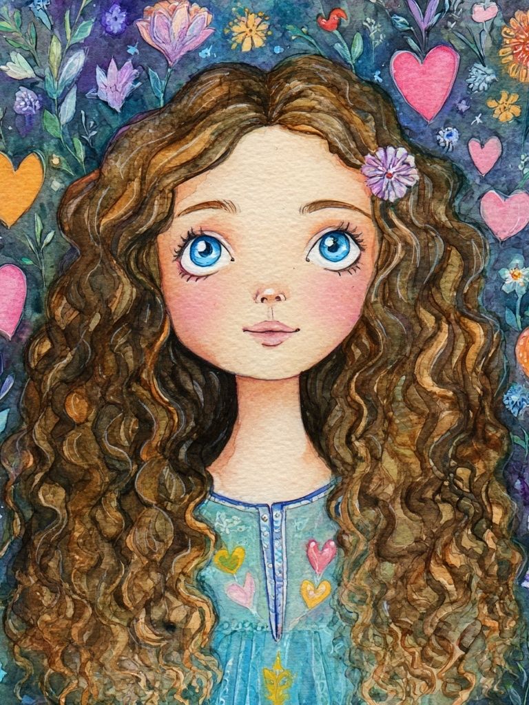 Curly Girl Floral Watercolor Poster. poster detail