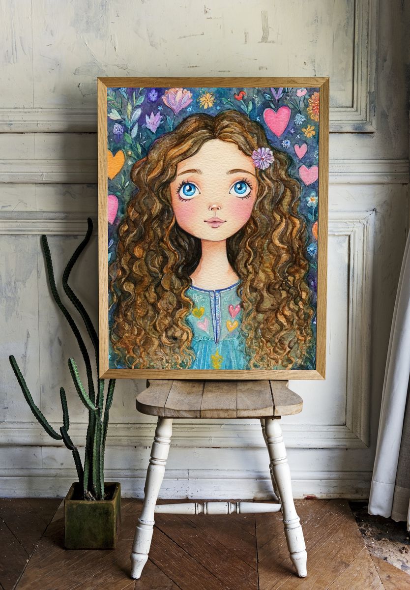 Curly Girl Floral Watercolor Poster. — room view 1