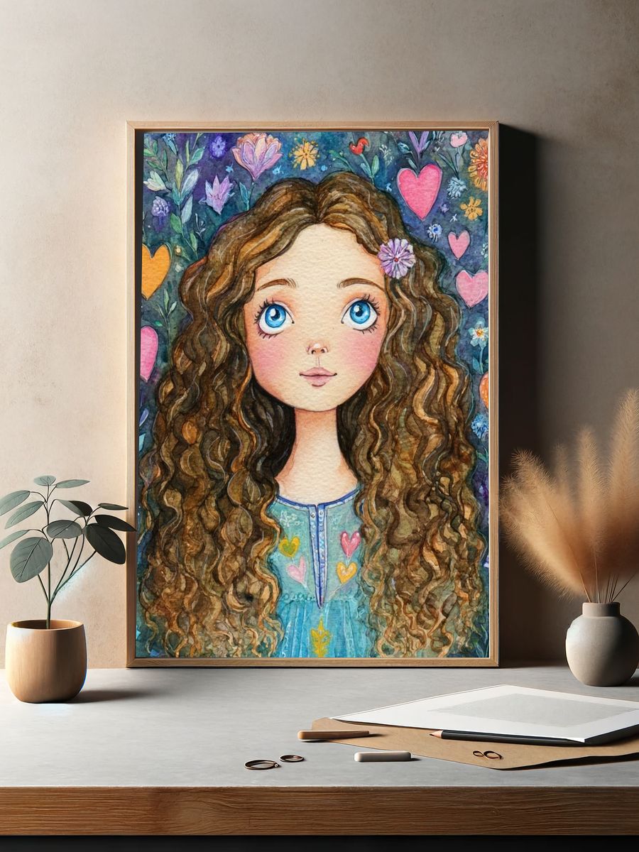 Curly Girl Floral Watercolor Poster. — room view 2