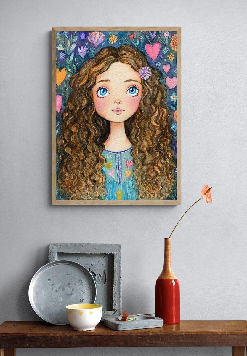 Curly Girl Floral Watercolor Poster. — room view 3