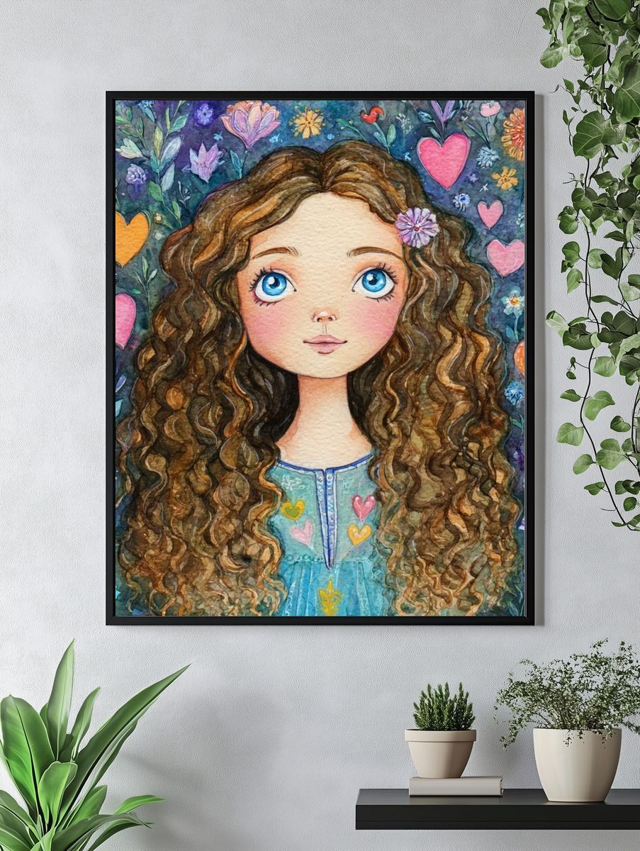 Curly Girl Floral Watercolor Poster. — room view 4