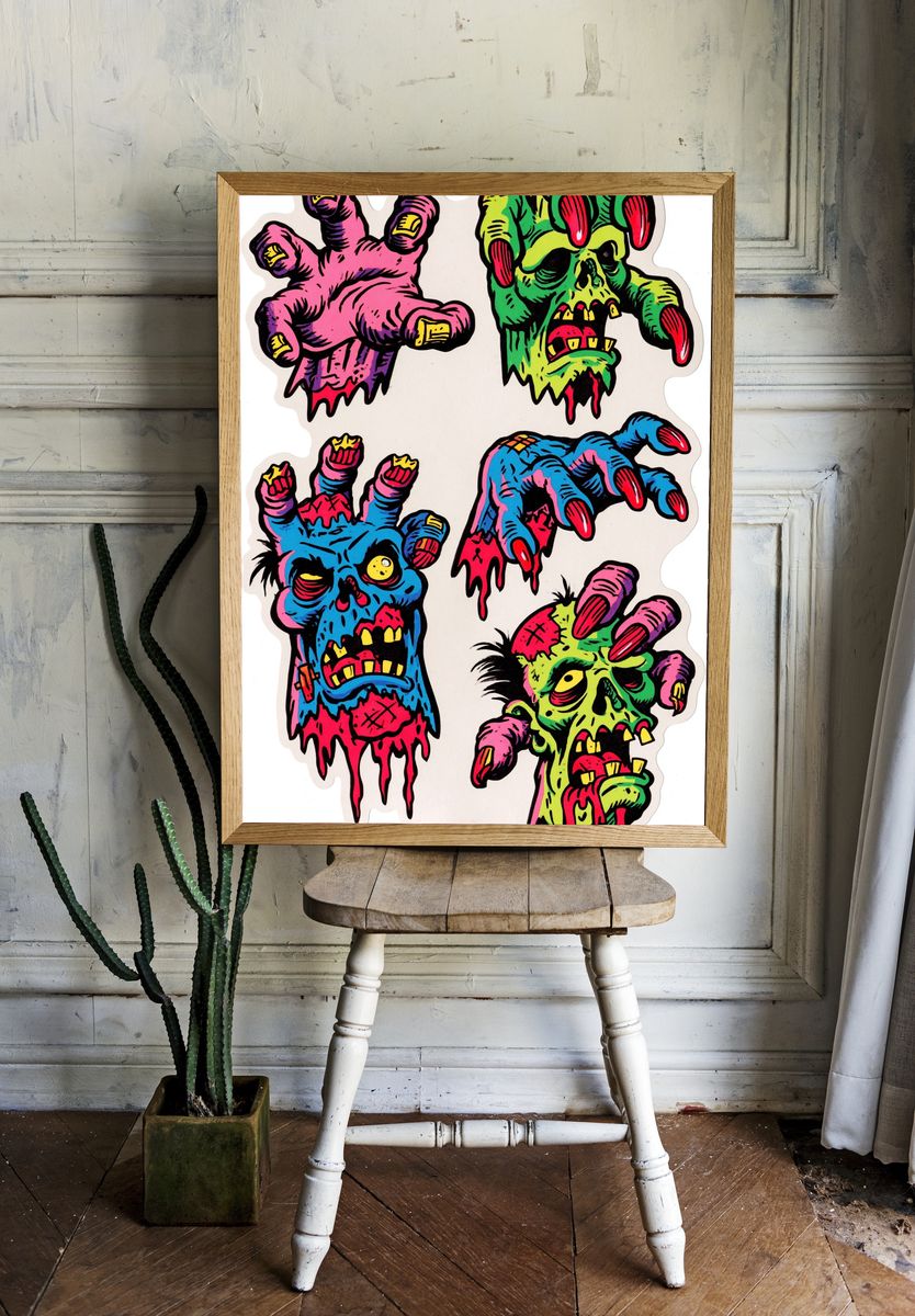 Neon Zombie Hands Illustration Poster. — room view 1