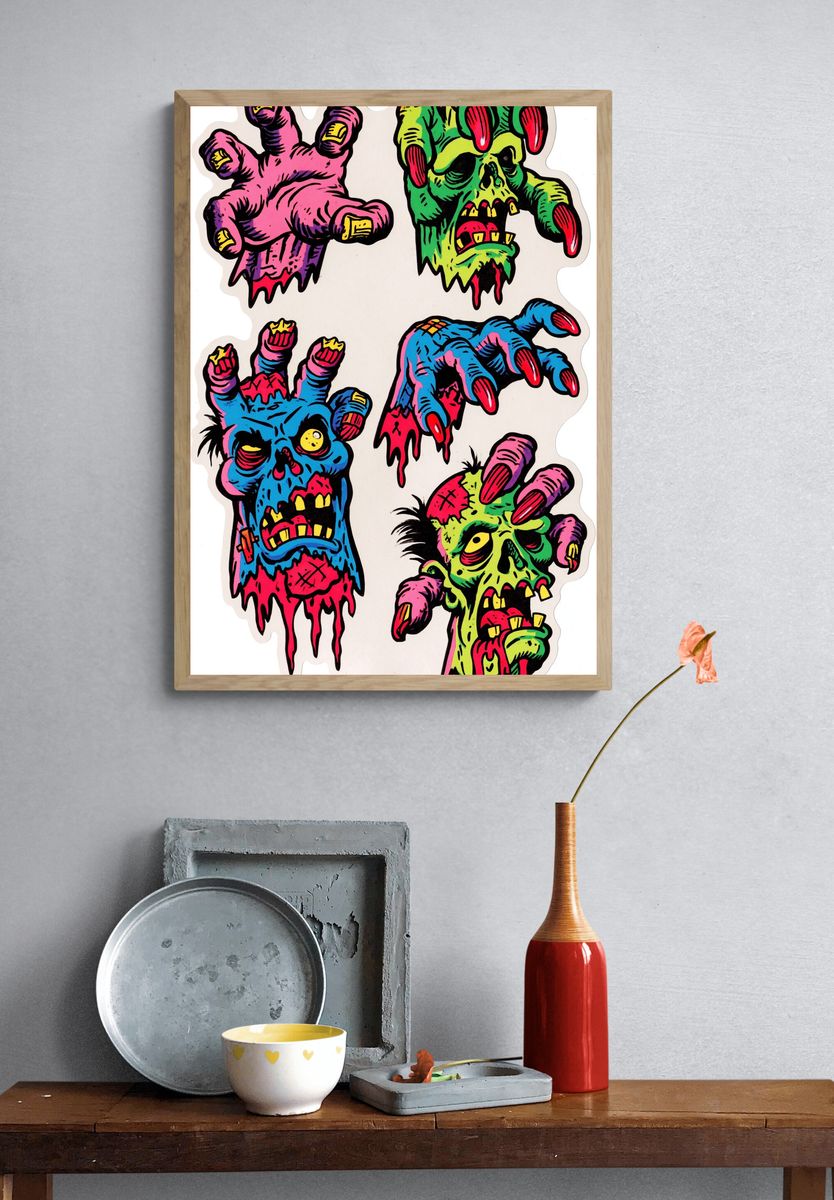 Neon Zombie Hands Illustration Poster. — room view 3