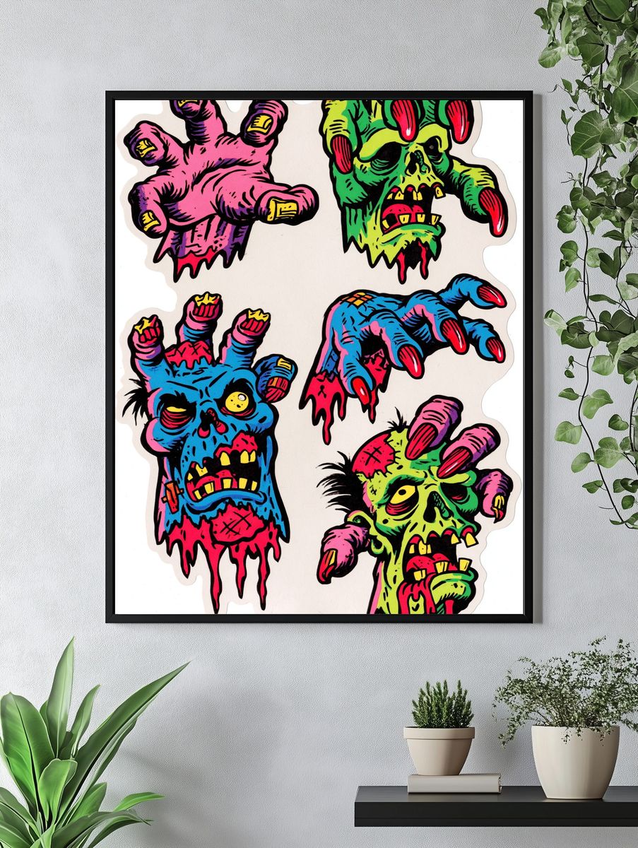 Neon Zombie Hands Illustration Poster. — room view 4