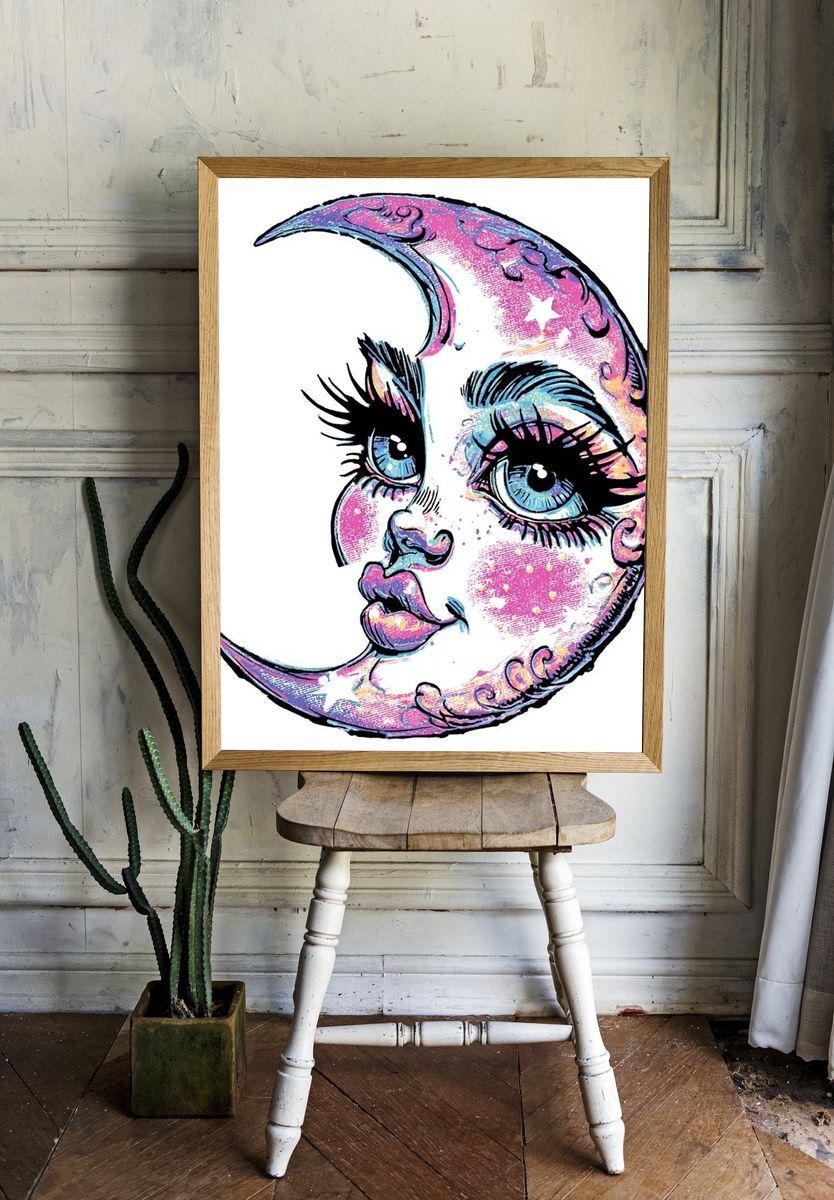 Celestial Moon Face Illustration Poster. — room view 1
