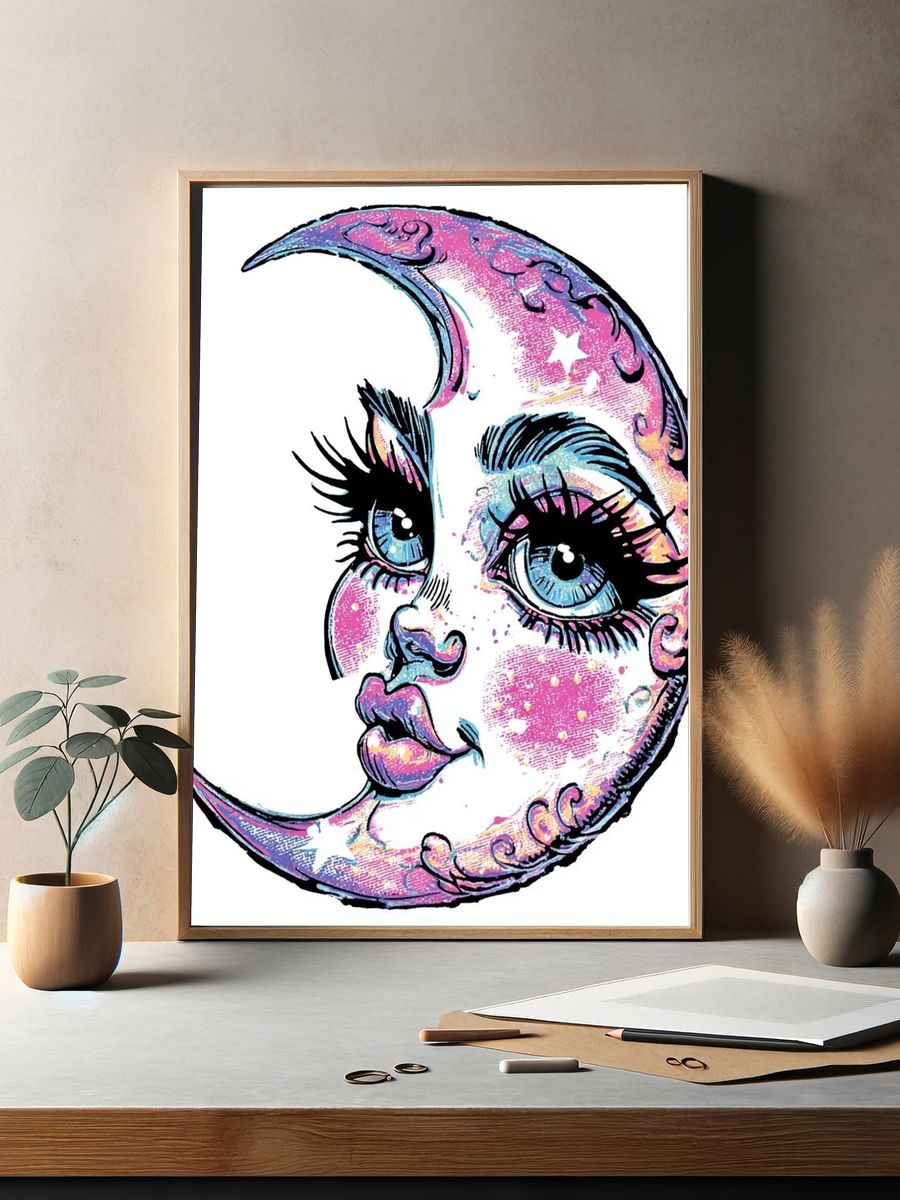 Celestial Moon Face Illustration Poster. — room view 2