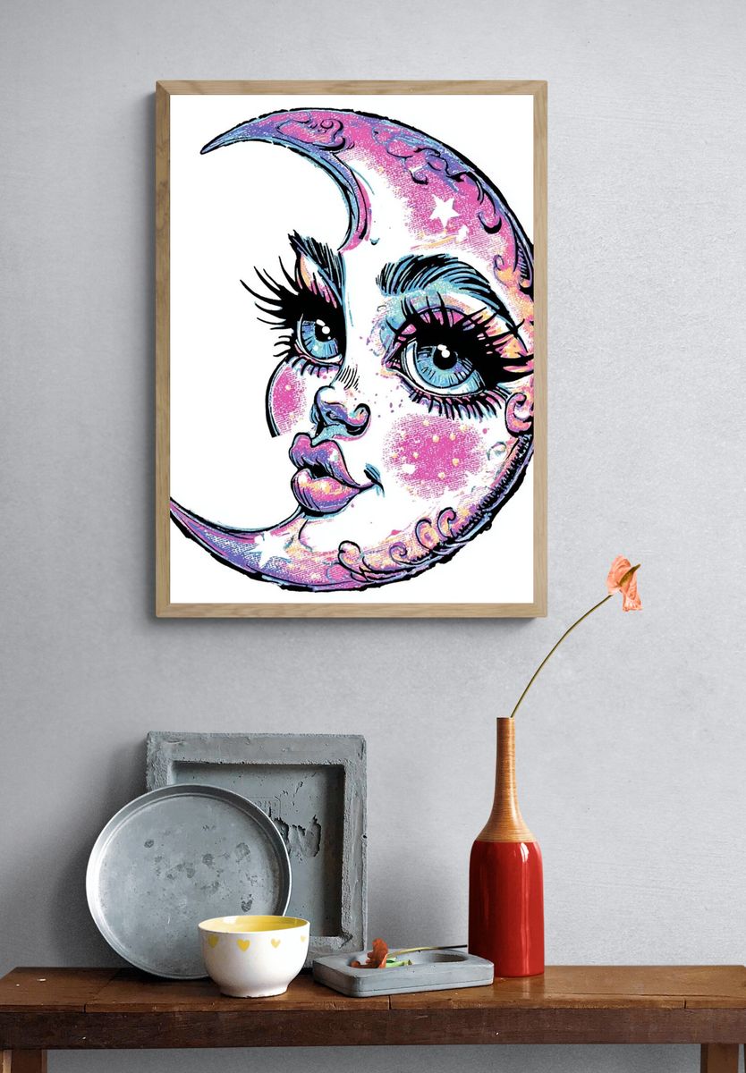 Celestial Moon Face Illustration Poster. — room view 3