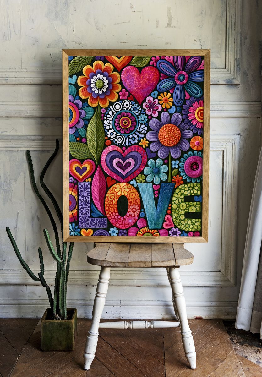 Colorful Floral Hearts Poster. — room view 1