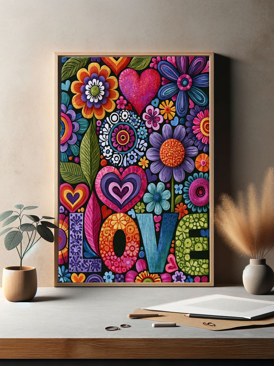 Colorful Floral Hearts Poster. — room view 2