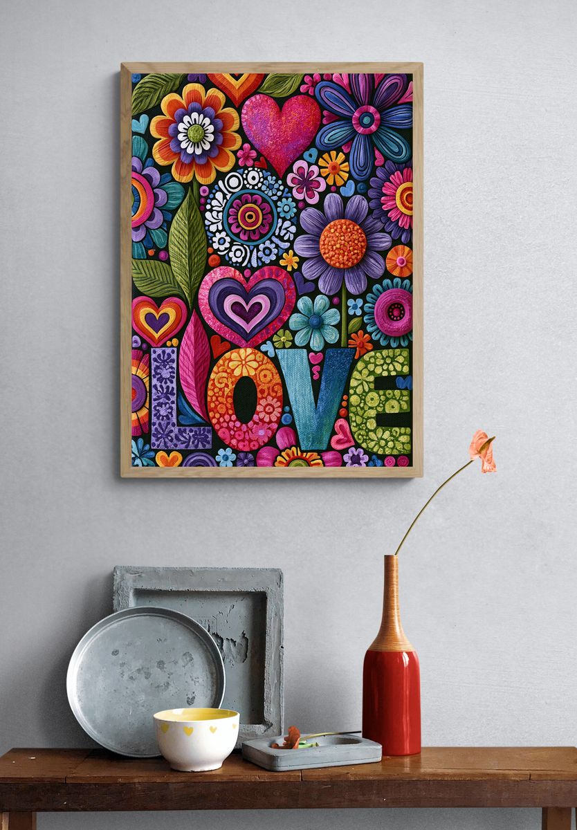 Colorful Floral Hearts Poster. — room view 3