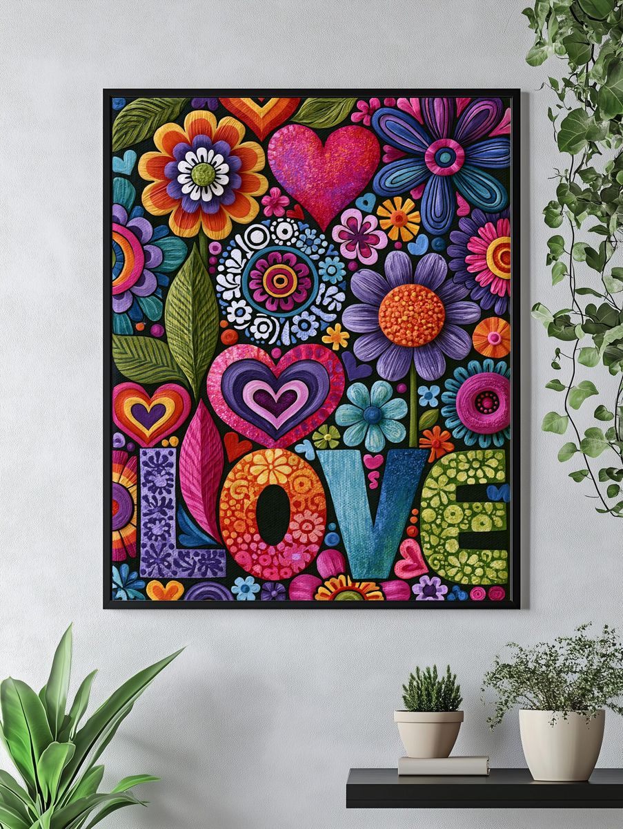 Colorful Floral Hearts Poster. — room view 4