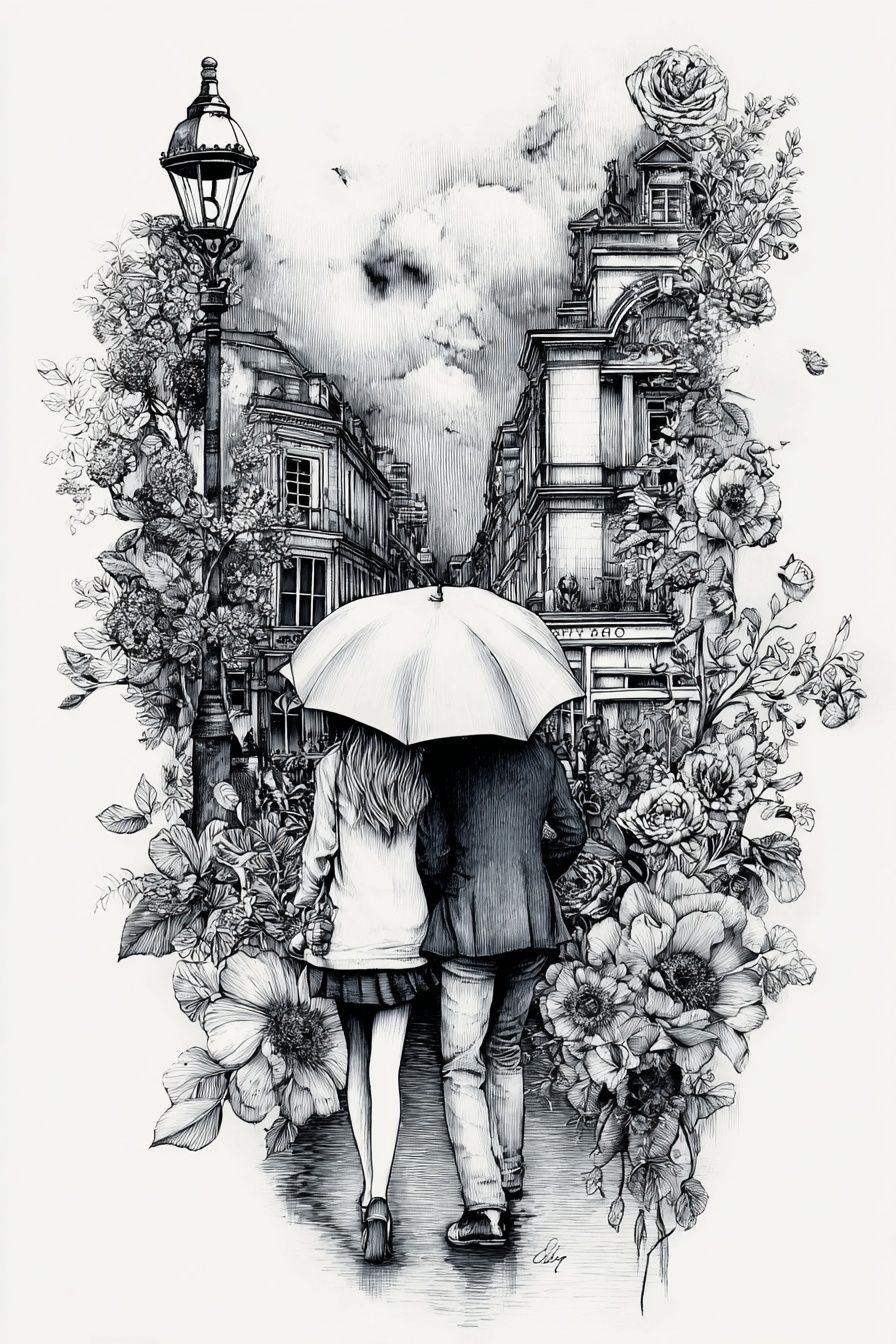 Umbrella Walk in Paris Illustration Poster. poster detail
