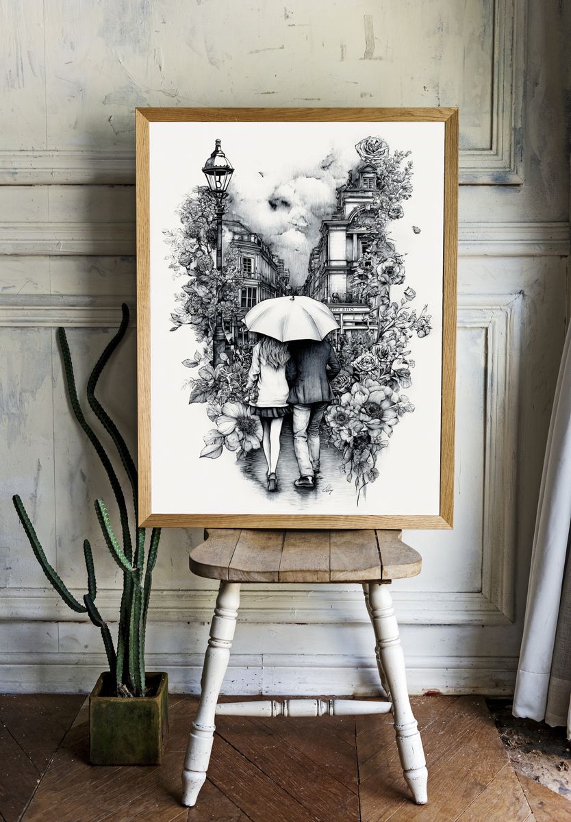 Umbrella Walk in Paris Illustration Poster. — room view 1