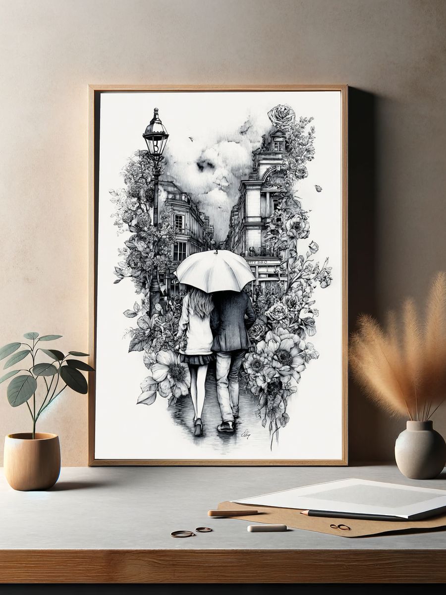 Umbrella Walk in Paris Illustration Poster. — room view 2