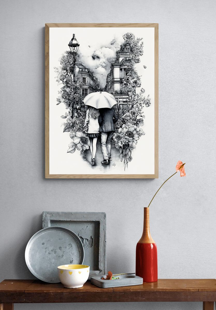 Umbrella Walk in Paris Illustration Poster. — room view 3