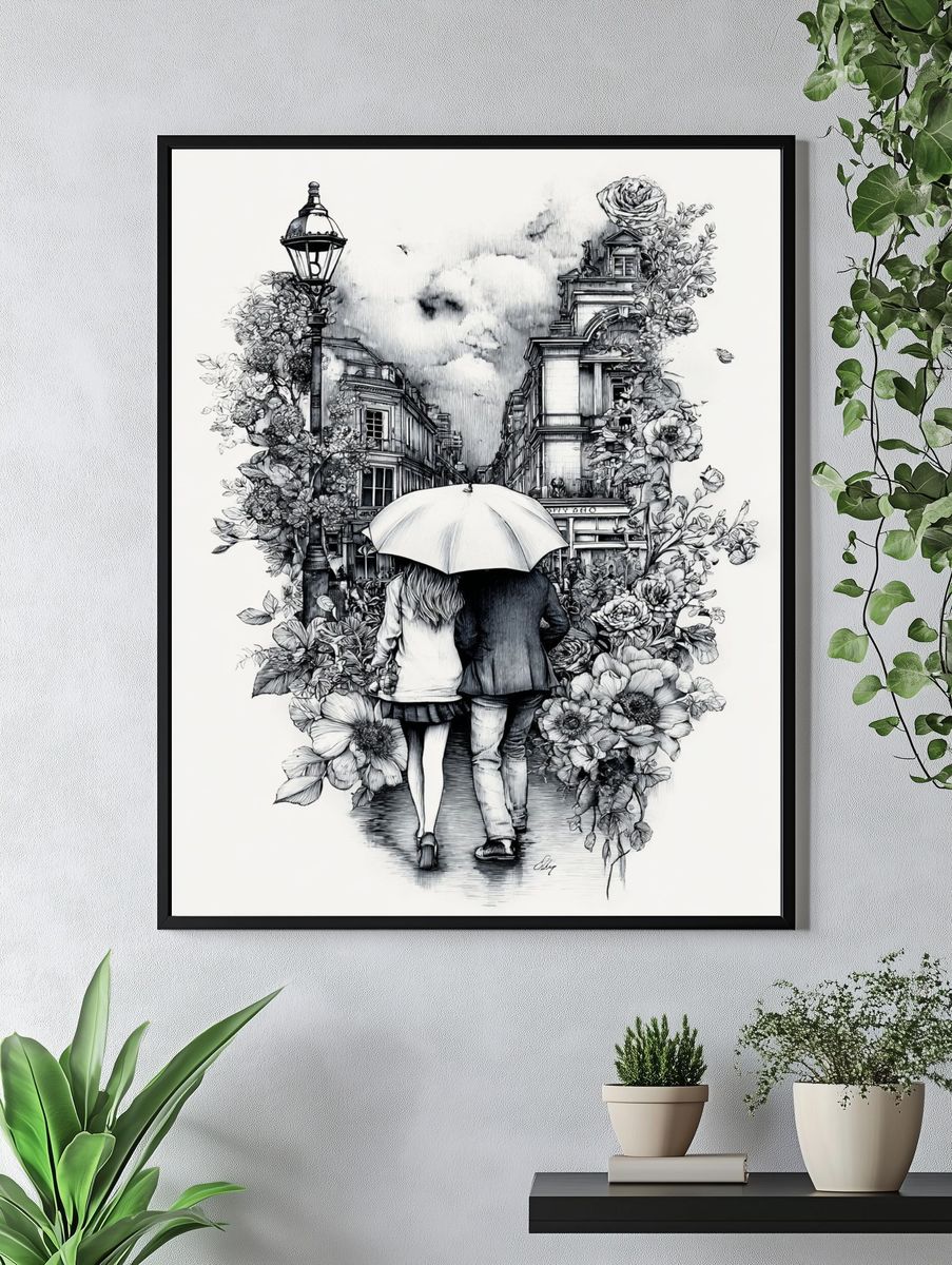 Umbrella Walk in Paris Illustration Poster. — room view 4