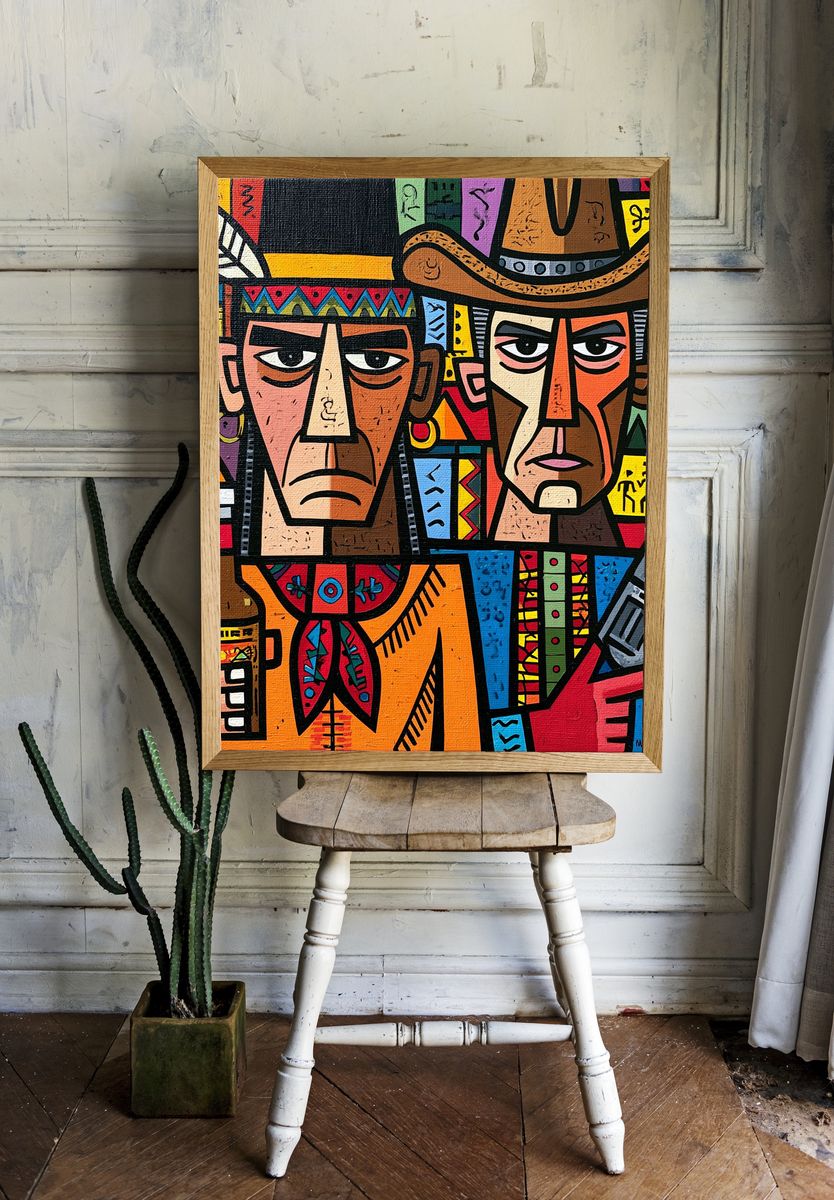 Abstract Cowboy Faces Illustration Poster. — room view 1