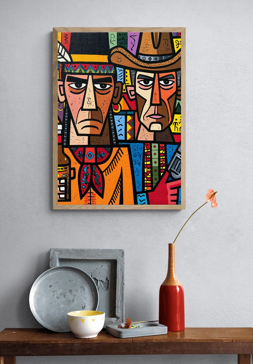 Abstract Cowboy Faces Illustration Poster. — room view 3