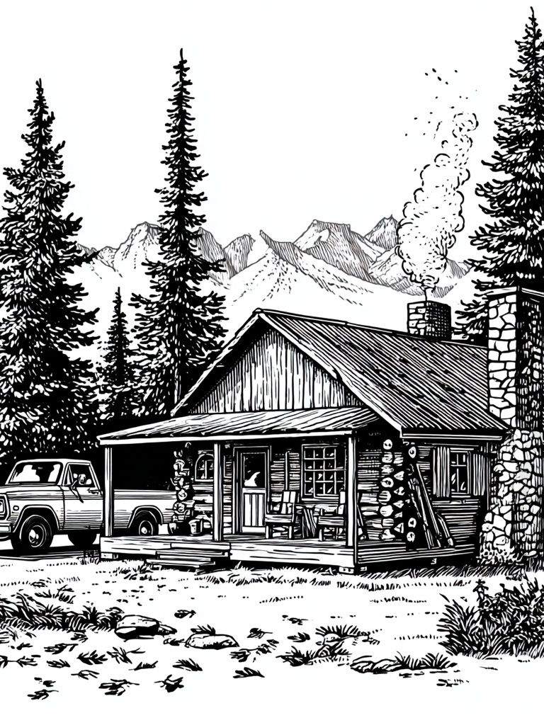 Mountain Cabin Line Art Poster. poster detail
