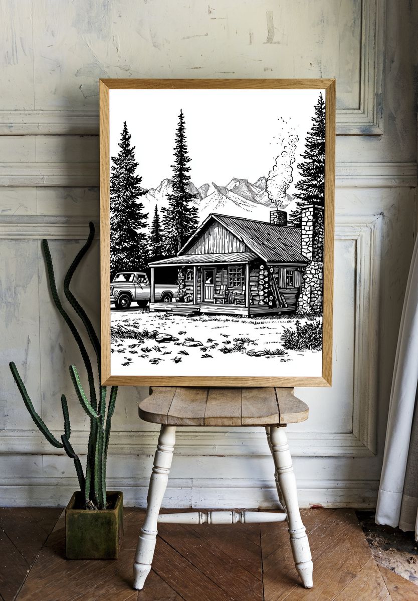 Mountain Cabin Line Art Poster. — room view 1