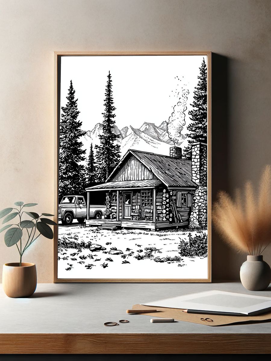 Mountain Cabin Line Art Poster. — room view 2