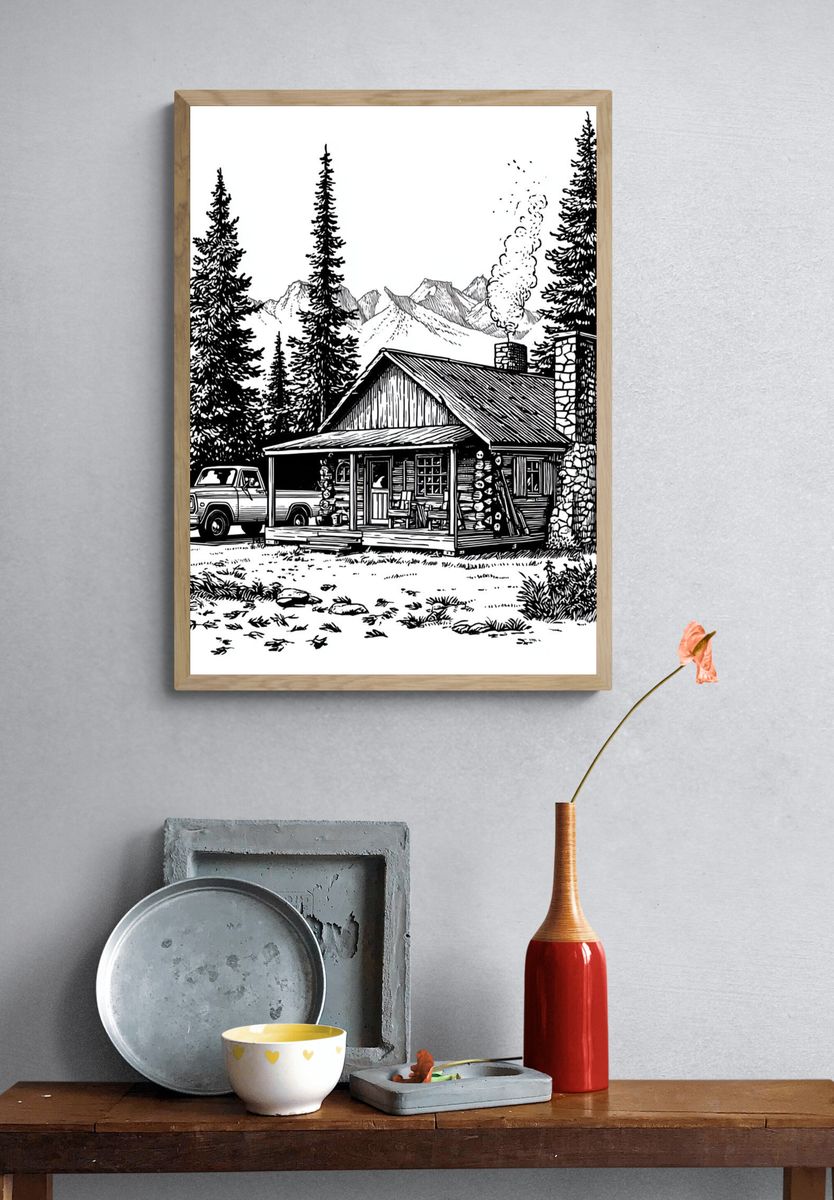 Mountain Cabin Line Art Poster. — room view 3