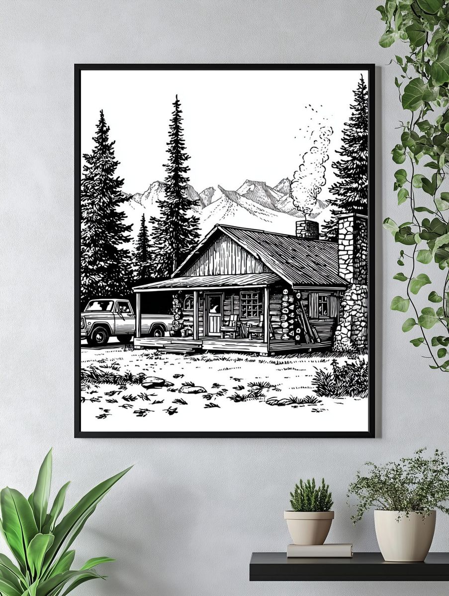 Mountain Cabin Line Art Poster. — room view 4