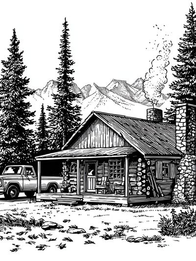 Mountain Cabin Line Art Poster. poster