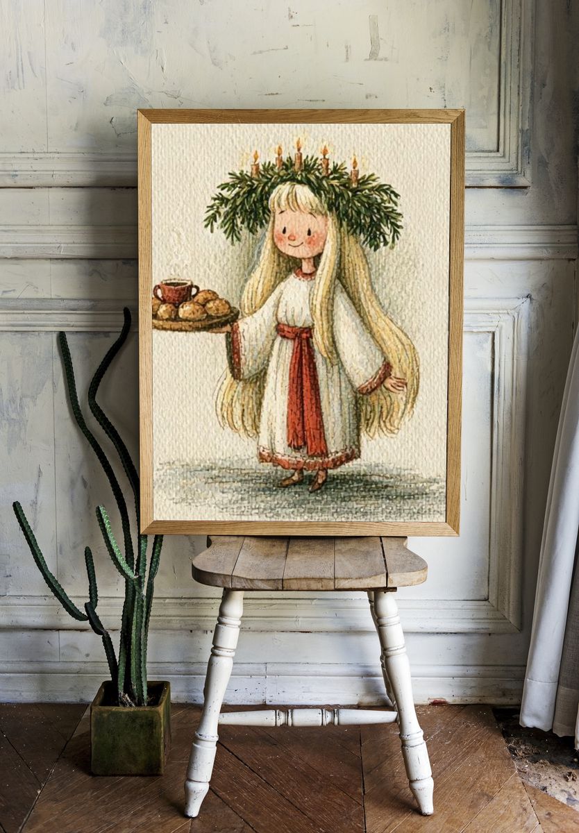 Girl with Bread Tray Watercolor Poster. — room view 1