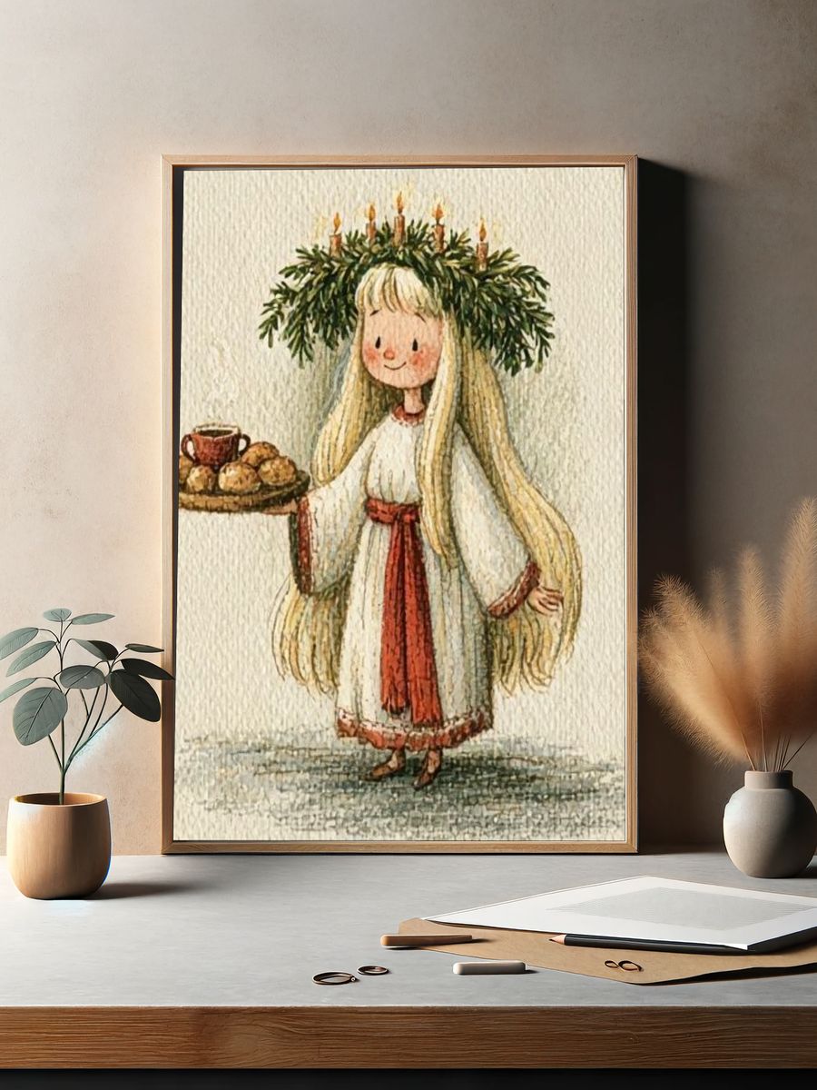 Girl with Bread Tray Watercolor Poster. — room view 2