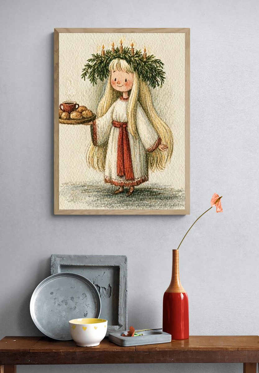 Girl with Bread Tray Watercolor Poster. — room view 3