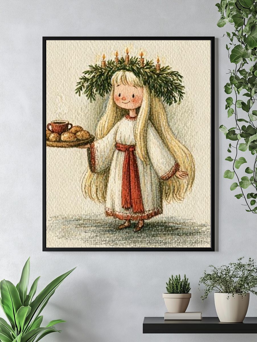 Girl with Bread Tray Watercolor Poster. — room view 4
